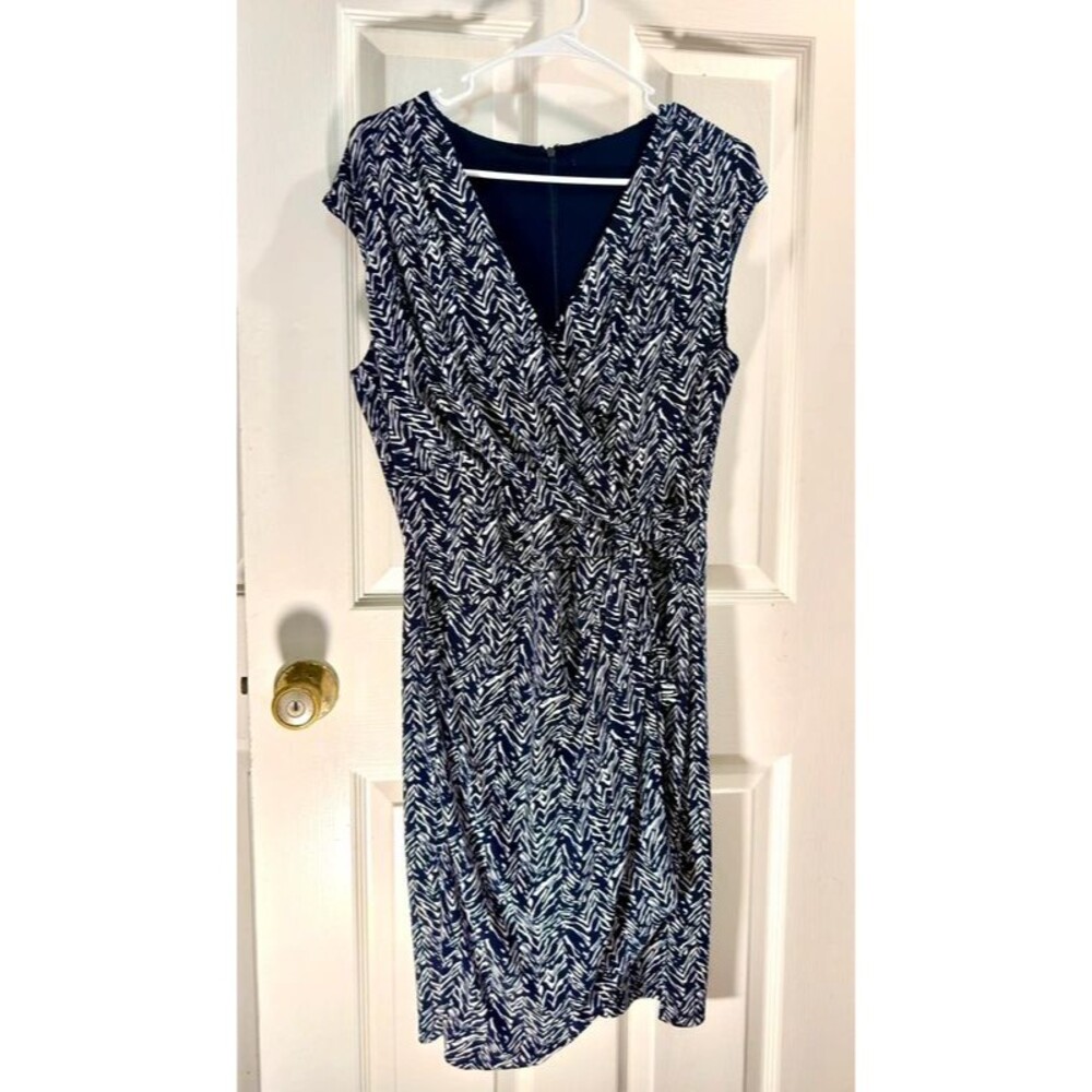 Dark Blue & White Printed Faux Wrap-Style Women’s Dress